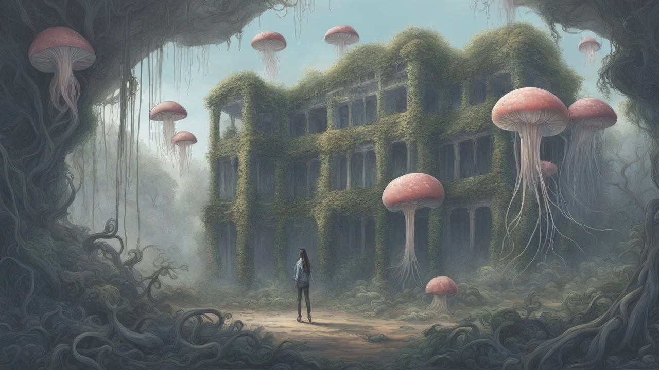 floating alien mushrooms with jellyfish tentacles, rampant foliage, vines, and Spanish moss, next to derelict buildings, a woman with black hair in a ponytail, camouflage trousers and jacket, photorealistic, Intricate Detail