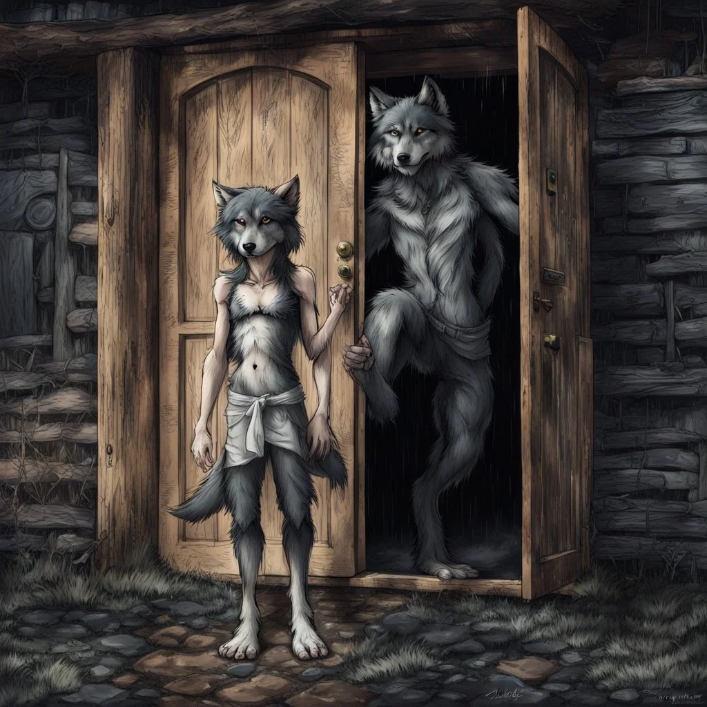 fantasy digital art of a sad young anthro wolf have gray hairy wolf body gray paws, and wears just a short canvas rag around her waist , she have sadly face in the rain kicked out of the house, falls towards the camera, behind her an tall angry anthro wolf man just in dark gray body hairy kicks she out the door with his foot, behind in rustic halb open door in an massive wooden house, rainy day, detailed, fantasy mood