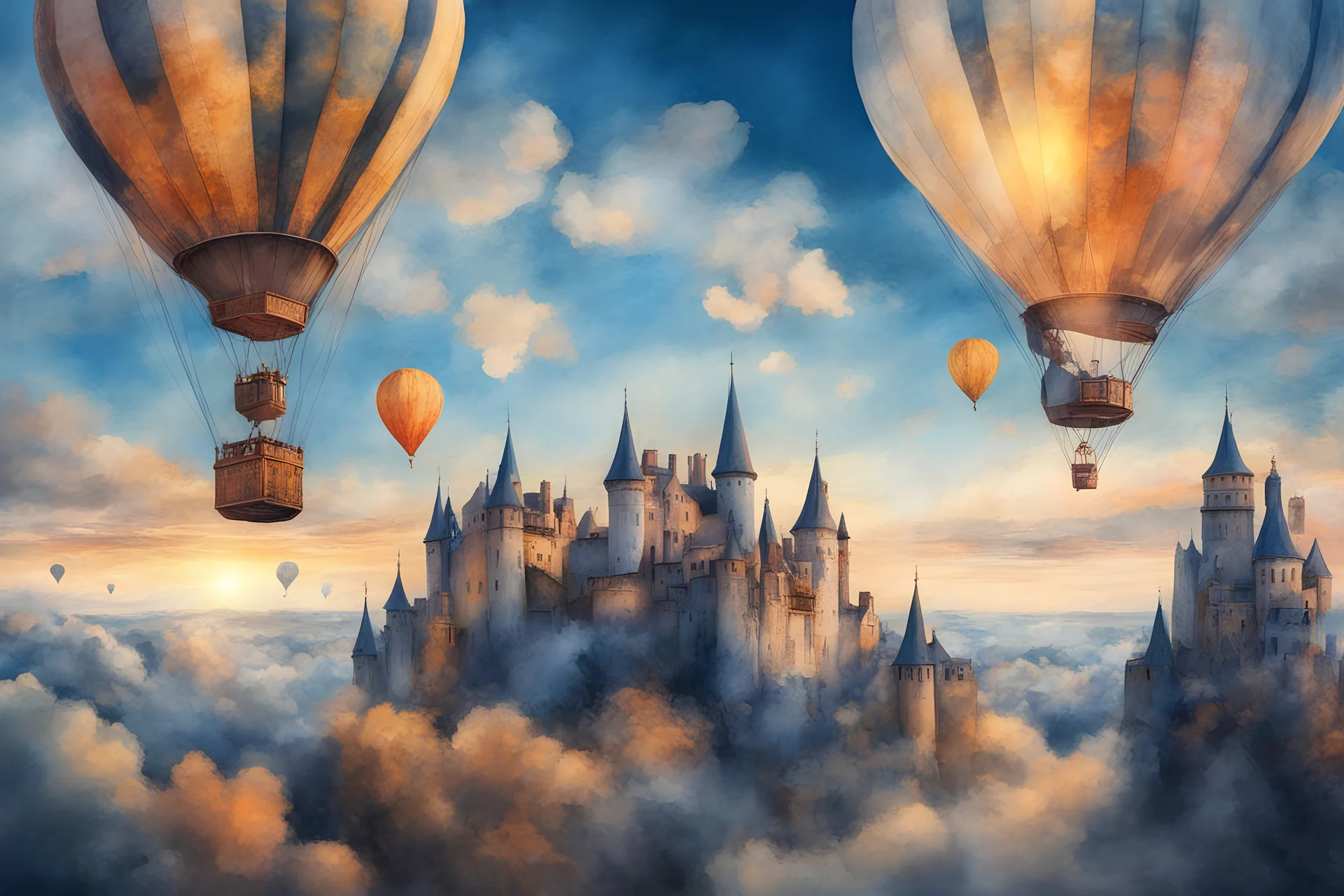 Medieval air balloons, magic , Castle, steam power, evening time , sun set, blue sky, dynamic white clouds, magnificent, vibrant, hdr, 4k, 8k, watercolour , low angle shot, aesthetic, Mysterious sketch, gustav klimt