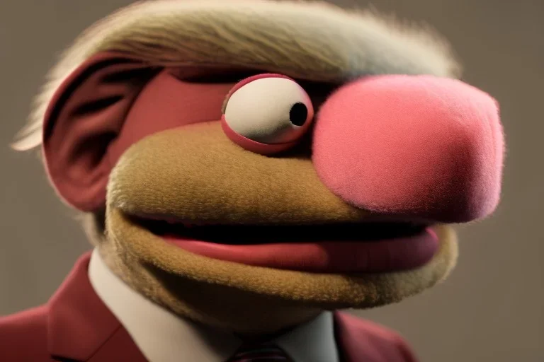 Furious muppet trump in suit, no tongue, looking forward, face, smaller, round puffball nose, eyebrows,