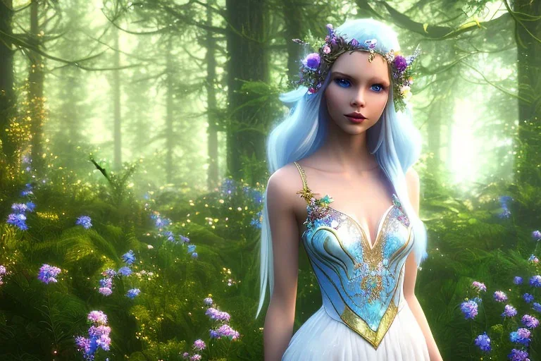 Fantasy cute elf with transparent wings, smiling, make up, long blond platinum hair, blue eyes, crown, beautiful dress, flowers and forest in background, HQ, unity engine