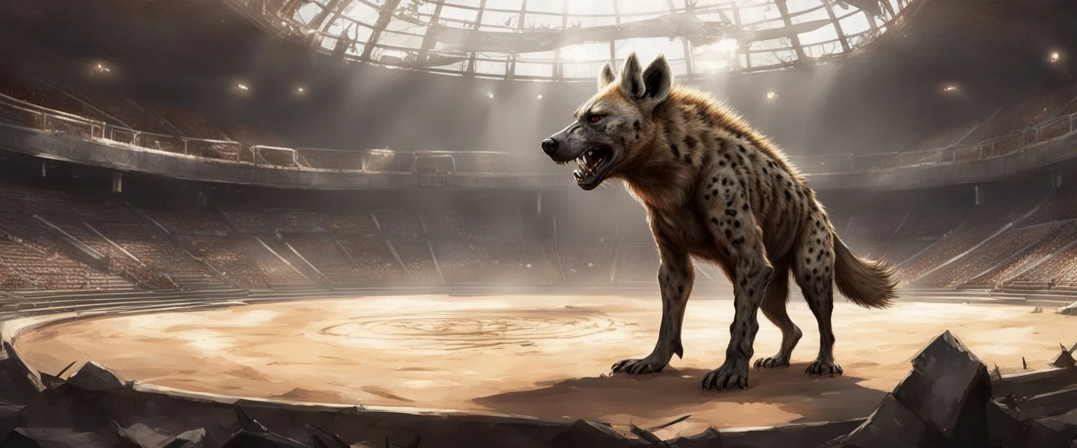 hyena gladiator inside an arena, post-apocalyptic, concept art