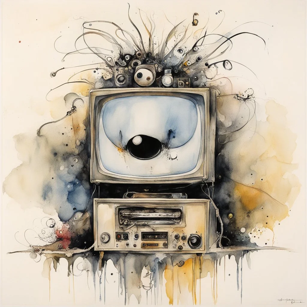 Glorifying Nonsense = anthropomorphic TV, by stephen gammell and ralph steadman and Enki Bilal, watercolor and pen, abstract expressionism, surrealism