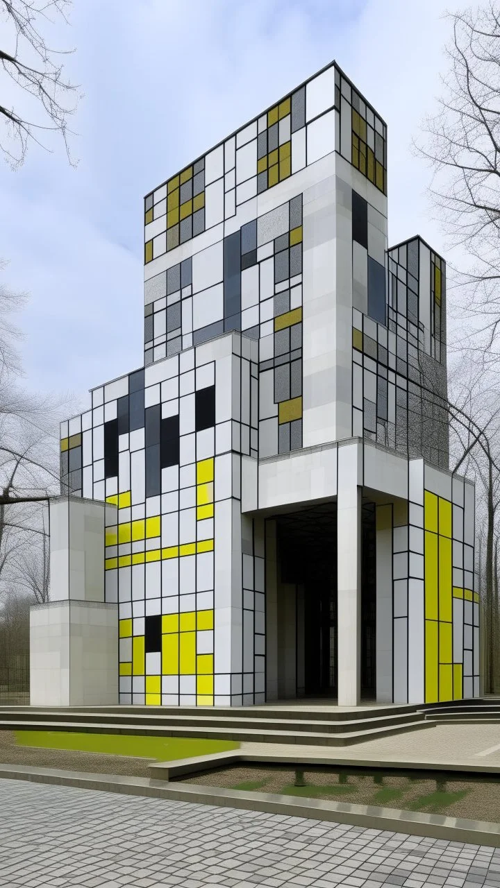 A gray monastery made out if steel designed in Mehndi design painted by Piet Mondrian