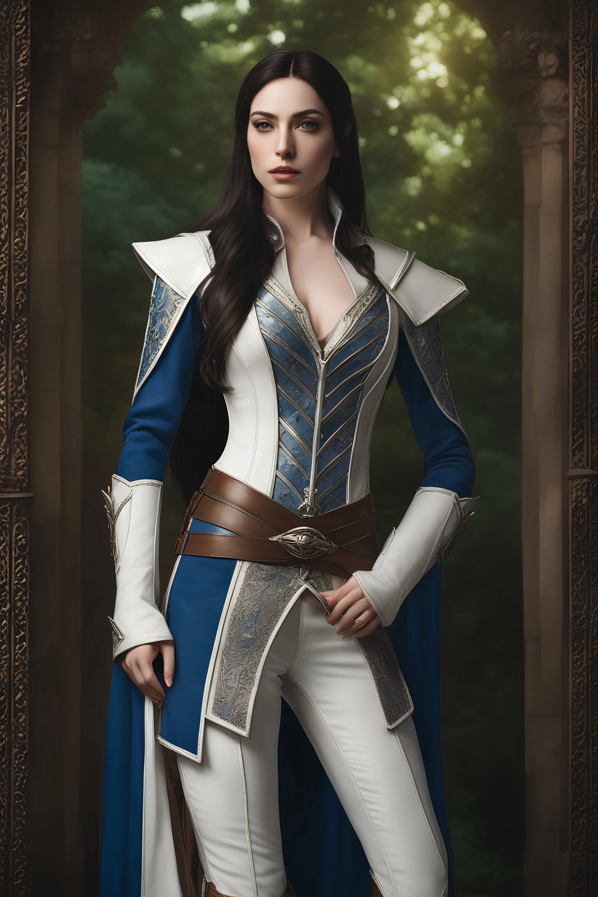 pale skin, Realistic photography, realism, female half elf, beautiful, young, dark hair, long and subtle stylish layer straight hair style, front view, intricate white leather armor with blue streaks, dark aristocrat pants, standing, blue detailed plating, detailed part, brown dark eyes, green garden background behind window, dawn, full body shot, looking at viewer, detailed eyes, hands behind her back