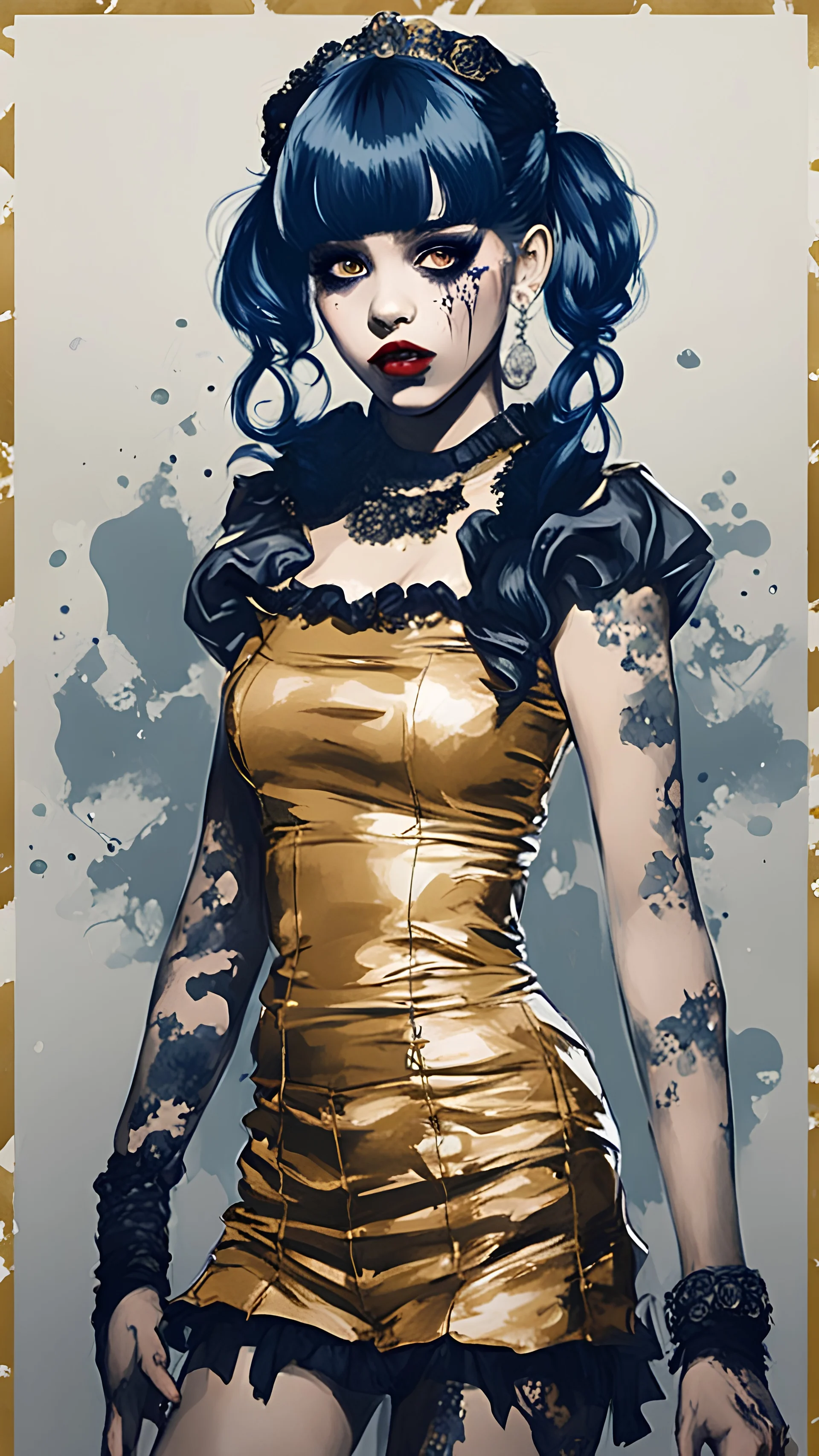 Poster in two gradually, a one side malevolent goth vampire girl face and other side the Singer Melanie Martinez face, full body, painting by Yoji Shinkawa, darkblue and gold tones,