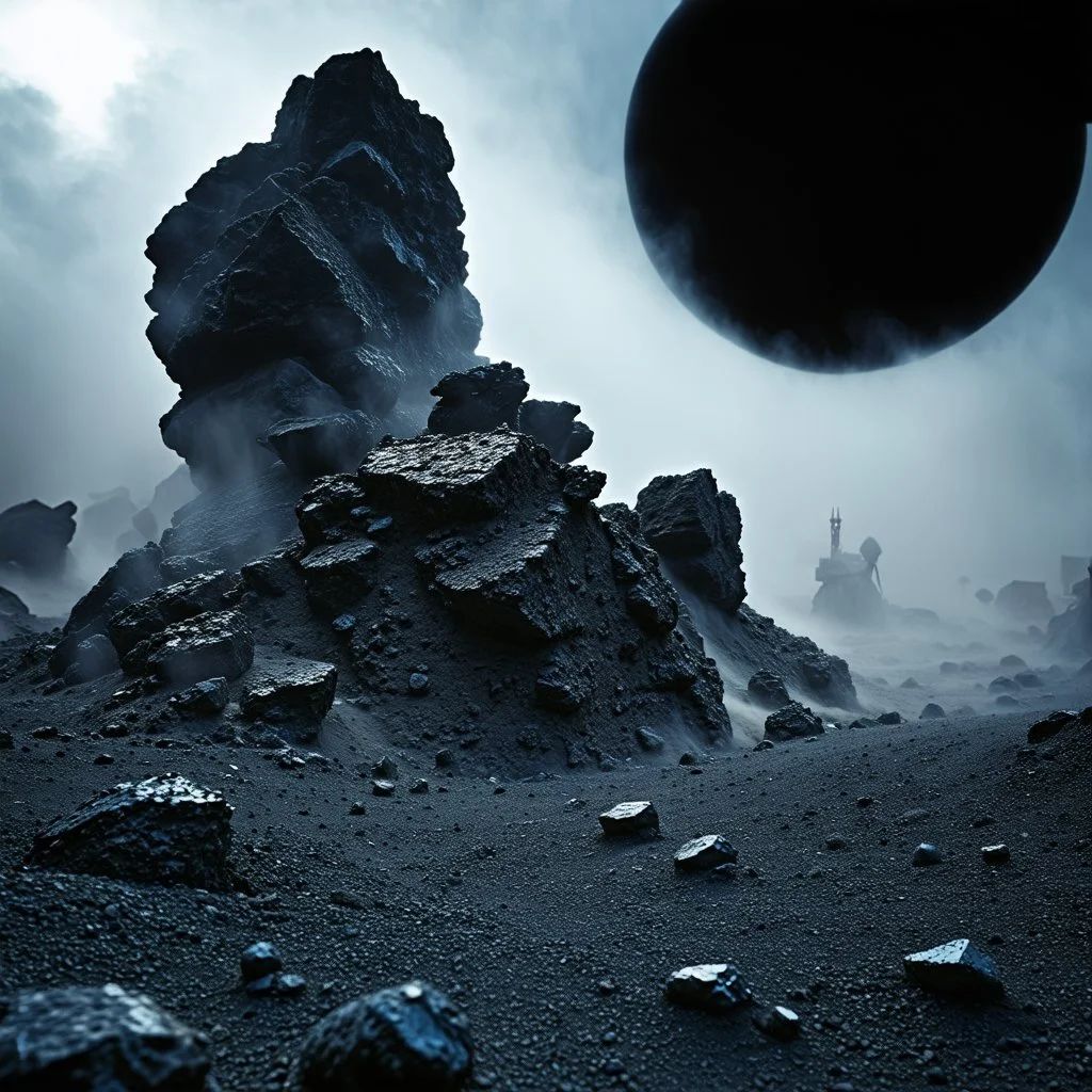 A striking quality photograph captures a wasteland, creepy, details of the dust very accentuated, glossy organic mass, adorned with minerals and rocks. Bathed in intense light, eerie, Max Ernst and Yves Tanguy style, black sun, fog, volumetric light, octane render