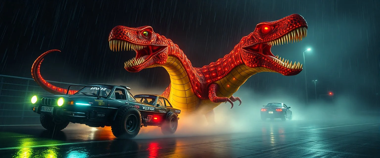 hyper olympic, race cars soccer mom horrible space slinky boa dinosaur slug in the style of giger, in fog and spectacular spark rain