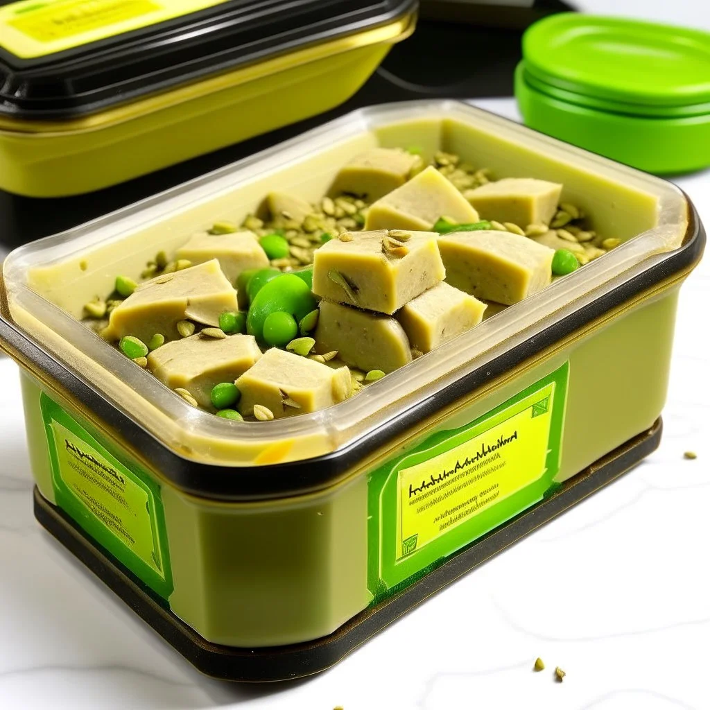 A plastic box of halva with small pistachio pieces around it