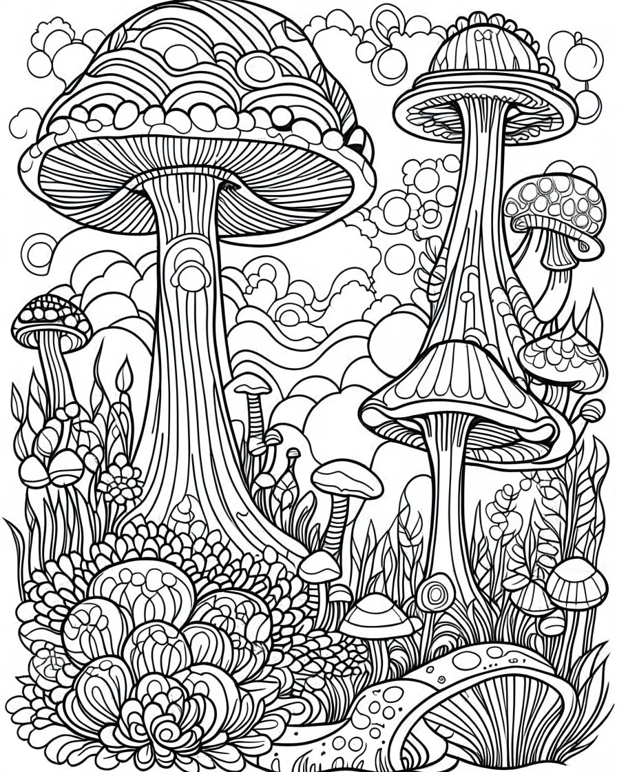 fantasy mushroom world minimalistic landscape. line art, background, vector, svg, coloring book page style, black outline on white background