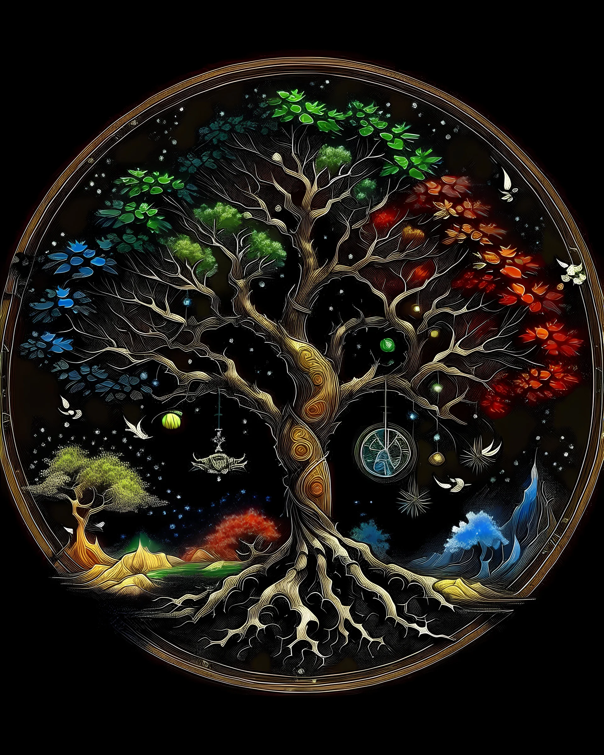 The tree of life consists of four seasons: spring, summer, autumn, winter, light, time, darkness, star, moon, sun, yang-ying, water, wind, soil, fire, love, and blue magic mushroom.