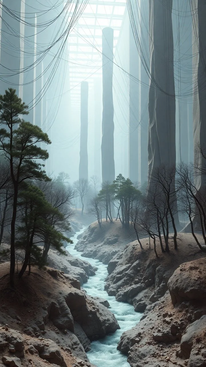 Photograph, a mass of wires, giant museum space, trees, pillars, high walls, schermi di computer, high towers in a room, rag, powder, brook, sediments, deflagration of the background, geological formation, light, architecture, minimalist, details of the terrain very accentuated, 8k, deep 3d field, sharp, brutalist, hasselblad h6d400c --ar 85:128 --v 6.0