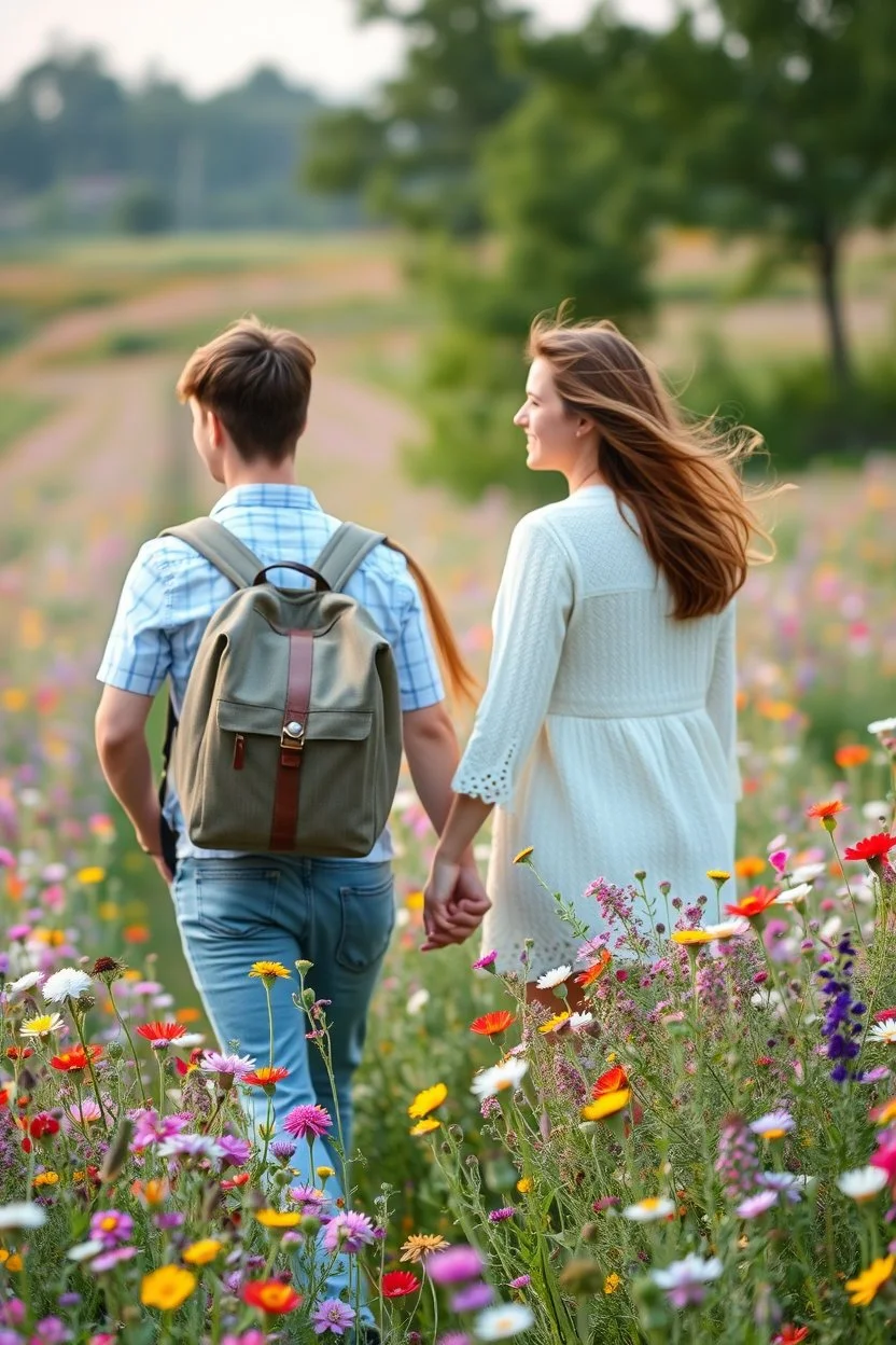 young sweet couple bagbacker happy walking and smiling in Realistic photography of a field of wildflowers, soft natural lighting, vibrant colors, intricate details,peaceful and serene atmosphere.