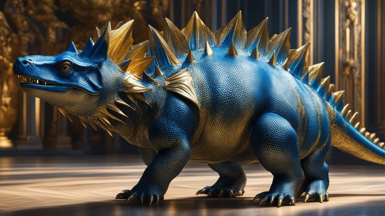 blue, gold and black coloured stegosaurus, perfect sparkling eyes, perfect anatomy, exquisite composition, beautiful detailed intricate detailed octane render, 8k artistic photography, photorealistic, soft natural volumetric cinematic perfect light, chiaroscuro, award-winning photograph, masterpiece, raphael, caravaggio, bouguereau