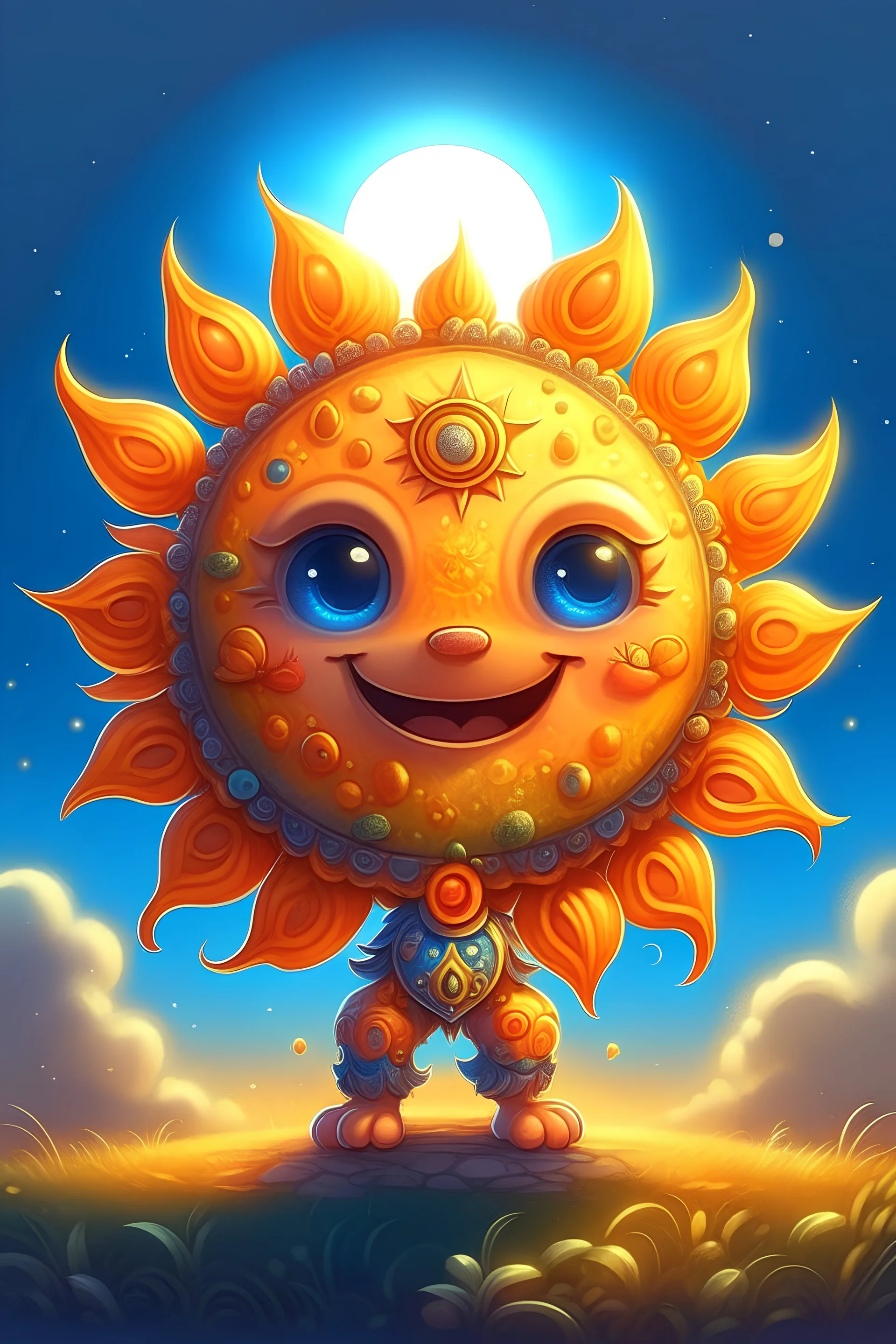 mini-style, painted miniature of a cute and beautiful sun wearing suite, fantasy game, character design, intricate, high detail, clear focus, photorealistic art,smilling sun with full moon, elegant, 8k, oil on canvas, beautiful, colorful. ultra detailed, crisp quality, very cute, vibrant background with small stars