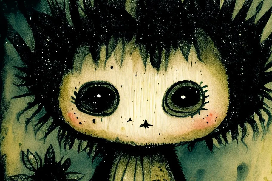 closeup, so much fluff, Cute chibi cacti fairy, painted and burned burlap, moonlight, styles of H. R. Giger, Paul Klee Dee Nickerson and Tim Burton, melting watercolor and black ink outlines on wet paper, soft, shading strokes, in candlelight, ethereal, otherwordly, cinematic postprocessing, bokeh, dof, S<AI