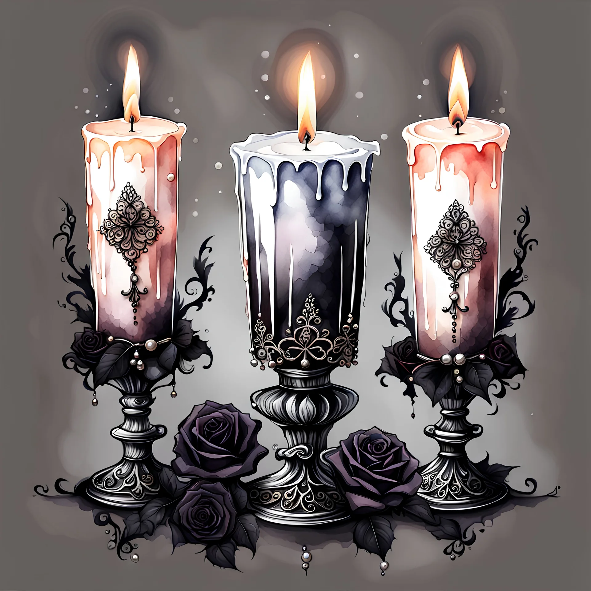 watercolor drawing gothic black candles, black lace, pearls, black roses, on a white background, Trending on Artstation ::{creative commons}:: Illustration :: Color Grading:: Filmic, Nikon D750, Brenizer Method, Perspective, Depth of Field, F/2.8, Lens Flare, Tonal Colors, 8K, Full-HD, ProPhoto RGB, Perfectionism, Rim Lighting, Natural Lighting, Soft Lig