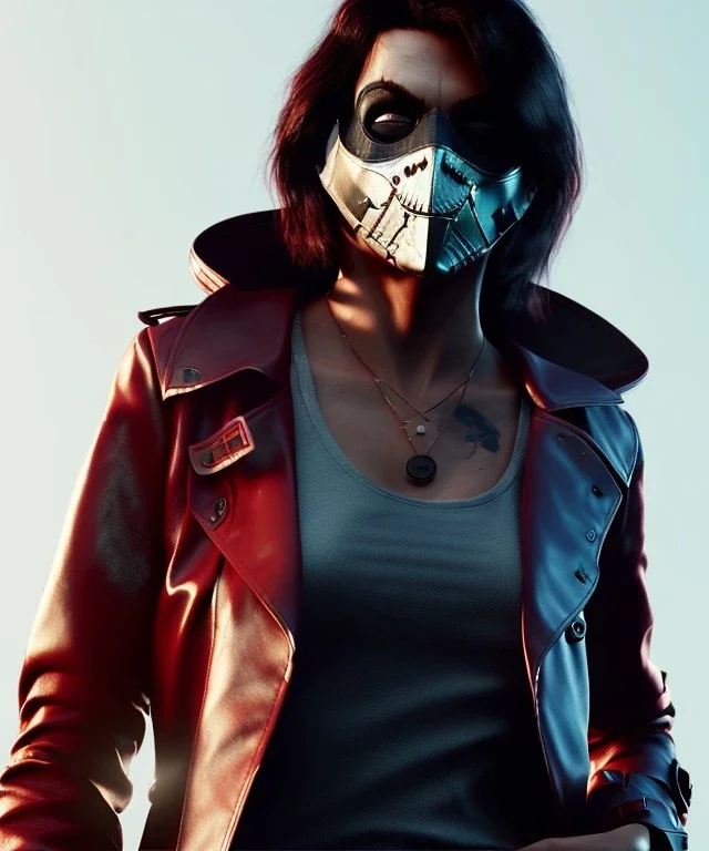 A badass Sofia Buttela wearing a scream mask, atmospheric, realistic, red leather trench coat, unreal engine, cinematic lighting, octane render.