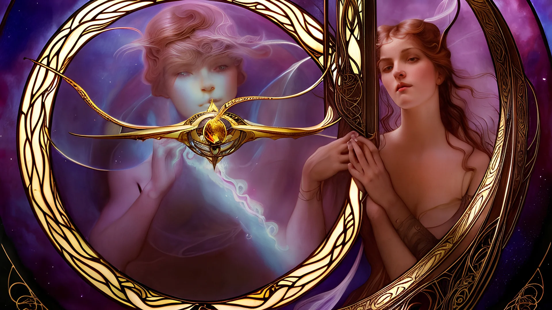 art by Alfons Mucha and Patrick Woodroffe, stained glass motif, bilateral symmetry, Ouroboros, infinity symbol, mystical, mechanistic, metaphysical, serpentine, cosmic, nebula, HD 4K, sharp detail, photo-realistic, octane rendering, award winning photography, cinematic lighting