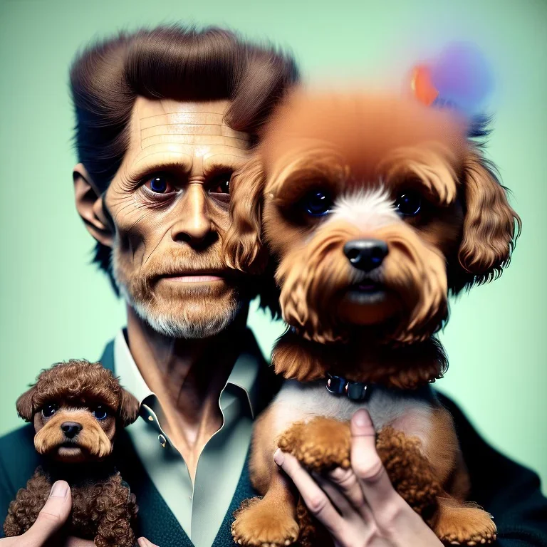 Portrait of an aristocratic Willem Dafoe holding one toy poodle in his arms, 8k, HD, cinematography, photorealistic, Cinematic, Color Grading, Ultra-Wide Angle, Depth of Field, hyper-detailed, beautifully color-coded, insane details, intricate details, beautifully color graded, Cinematic, Color Grading, Editorial Photography, Depth of Field, DOF, Tilt Blur, White Balance, 32k, Super-Resolution, Megapixel, ProPhoto RGB, VR, Halfrear Lighting, Backlight, Na