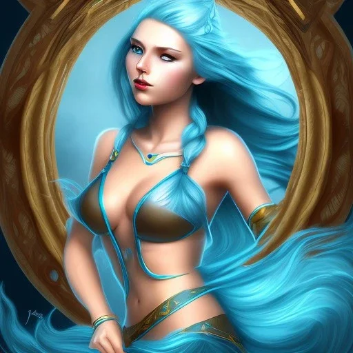 norse goddess of sea, Ran, blue hair, blue dress, ocean