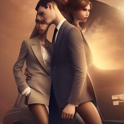 man wearing a suit next to a beautiful woman with brown hair, sitting in a taxi, dramatic, dramatic lighting, volumetric lighting, hyperrealism, 8k, high quality, photorealistic, lot of details