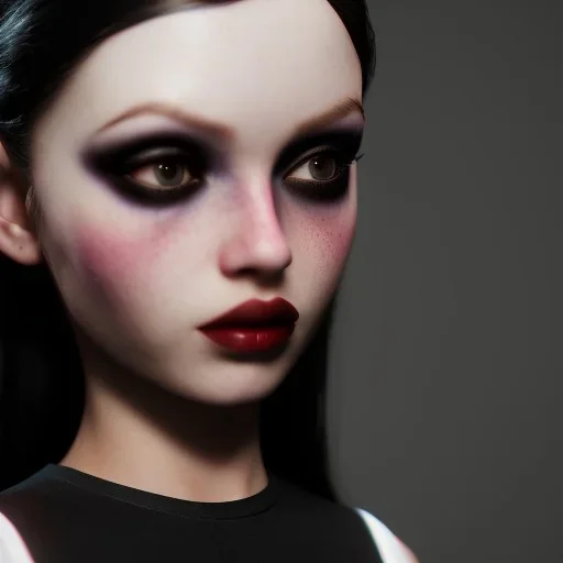 Female Jenna ortega black dress,soft goth libstick, wednesday addams make up, dramatic lighting, highly detailed, volumetric lighting, unreal engine, 8k