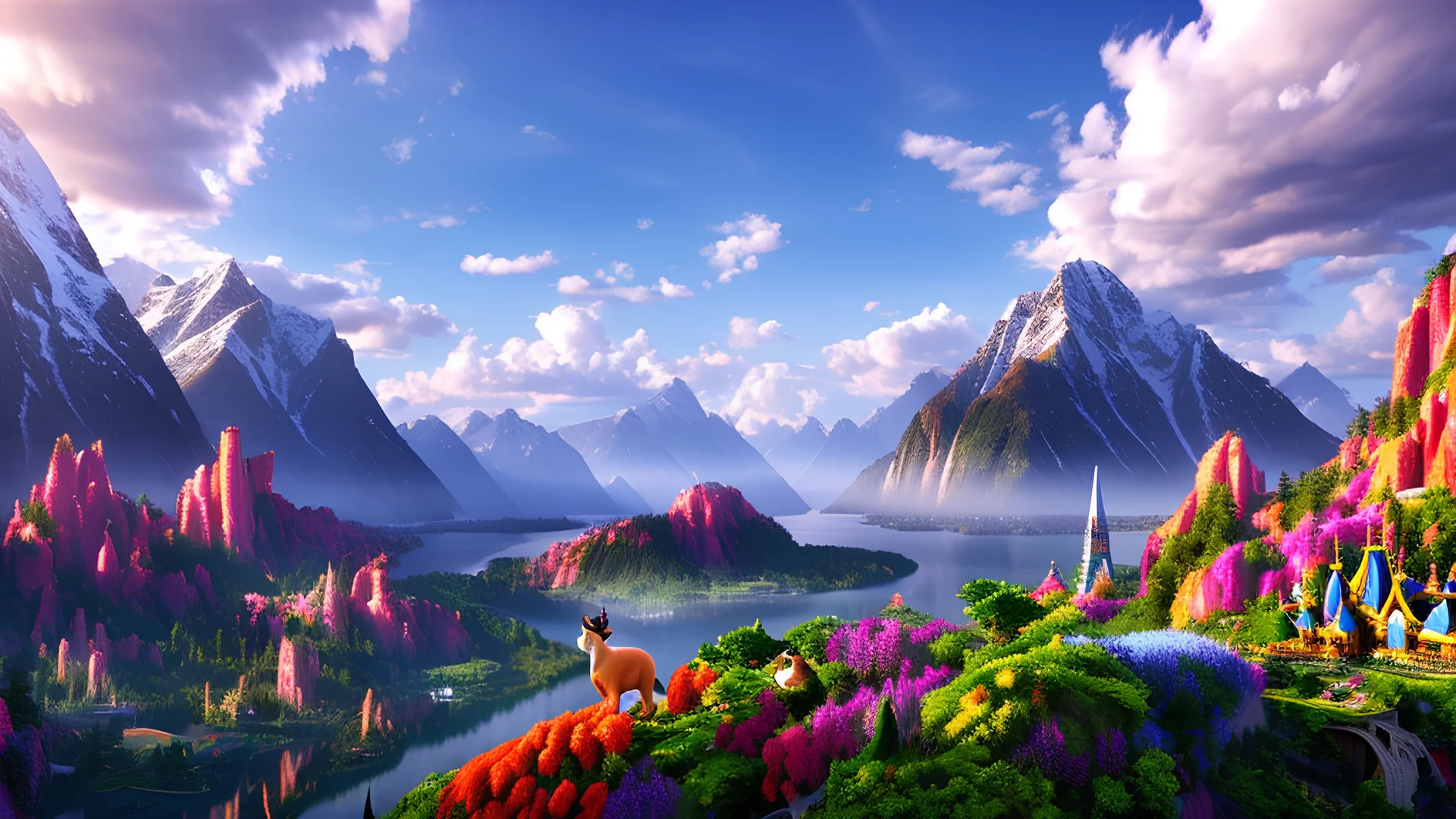 magnificent, majestic, utopian world, lots of cute animals, cinema lighting, Disney style, Realistic photography, incredibly detailed, ultra high resolution, 8k, complex 3d render, ultra sharp focus