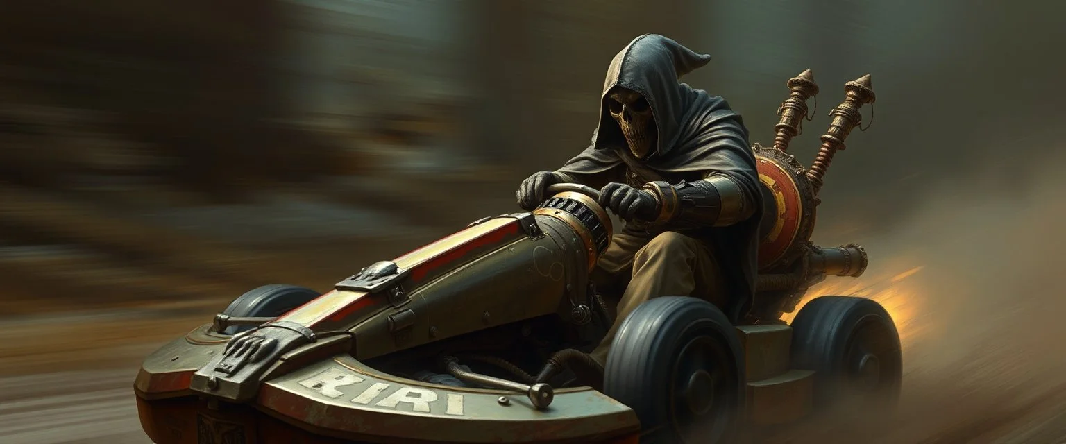 ghost train gokart illithid crusader with gloves bewildered looks beyond really powerful, fantasy illustration in the style of Rembrandt, motion blur background