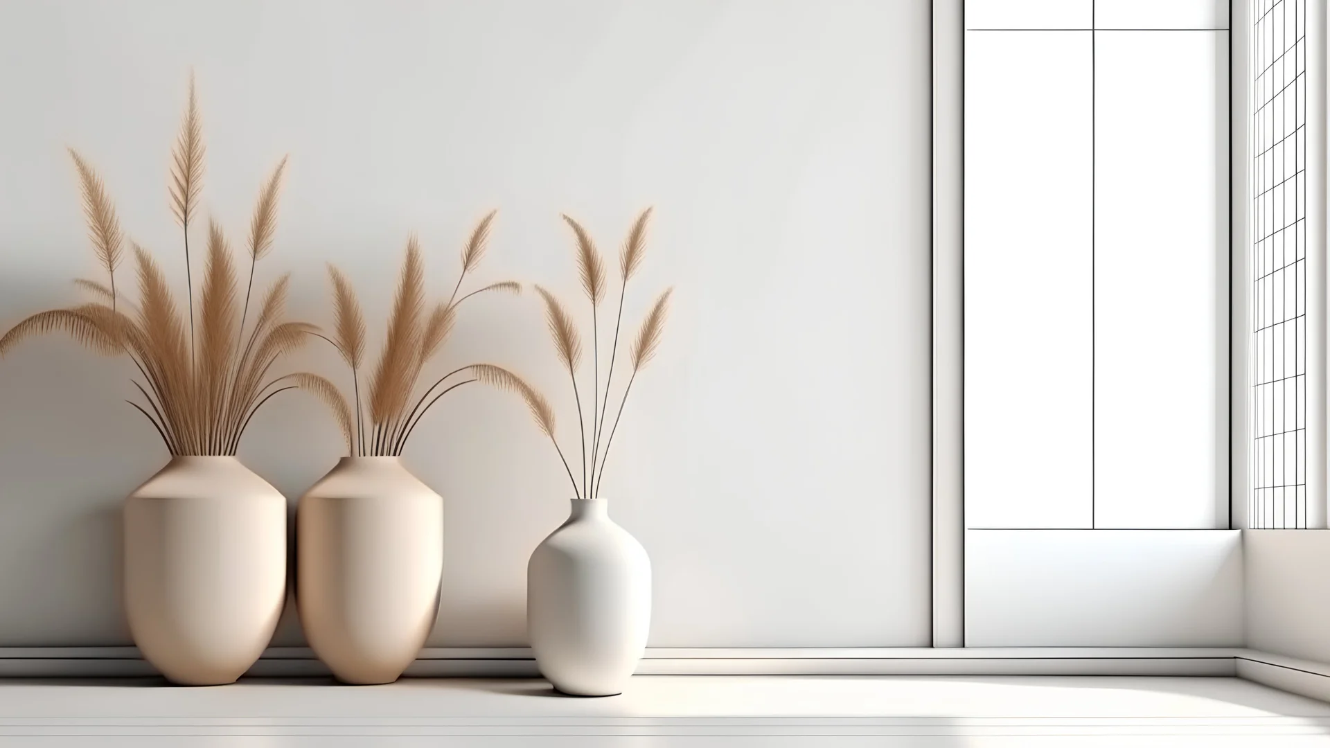 Modern bright minimalist interior blank wall in living room, dry plants in vases. 3d render illustration mock up.