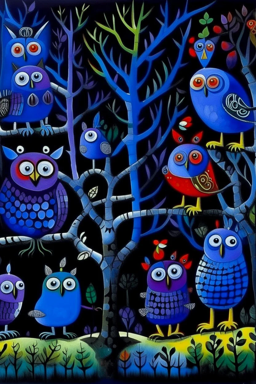 A blackish blue violet mysterious thicket with owls painted by Joan Miro