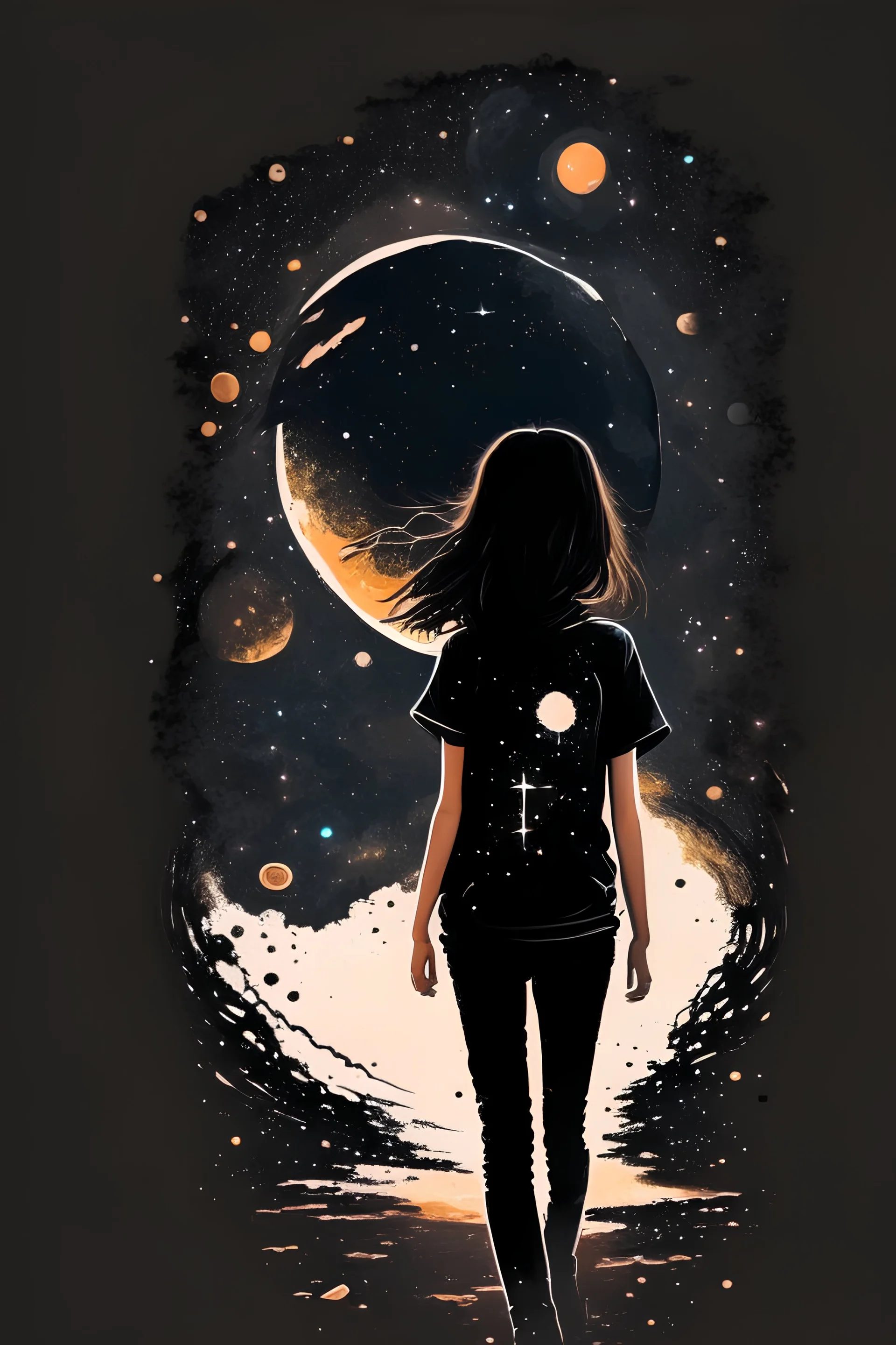 A teenage girl in a black T-shirt is walking in an interplanetary galaxy and doesn't know where to go