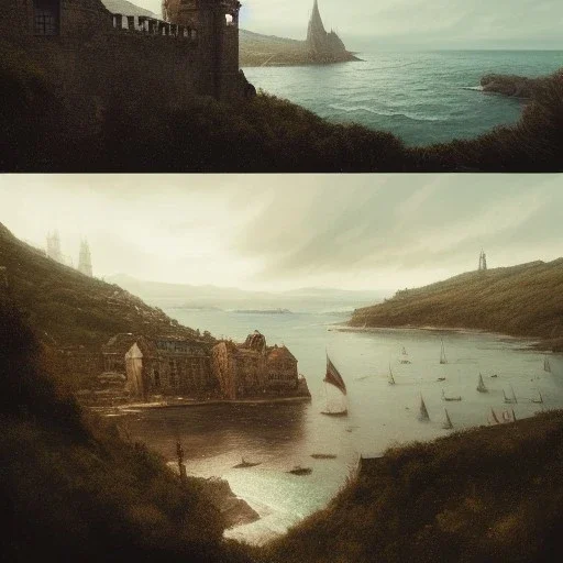 Skyline, Hill Harbour, sea, European Metropolis with Beaux Art architecture,detailed Facade, uphill Road,streets with trees,Human scaled City,Bueno Aires,greg rutkowski, matte painting, street photography, hyper detailed, felix kelly, Jean Baptiste Monge, architecture croquis drawing