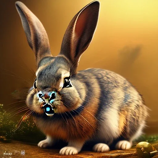 steampunk rabbit, extremely detailed, UHD, 8k,The close-up camera effect,sharp focus,perfect, background forest,position,hyperphotorealistic