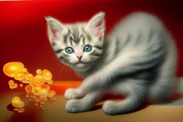 a kitten, portrait and translucent and hyperrealistic and ultra - detailed in the style of roger dean, jin kagetsu, james jean, chris cunninham, hans bellmer and wlop, bloom, glow, reflection, refraction, matte, glossy, smooth, emissive material