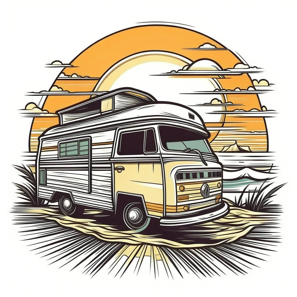 A retro camper van parked by the ocean, nostalgic, carefree, golden hour lighting, T-shirt design graphic, vector, contour, white background.