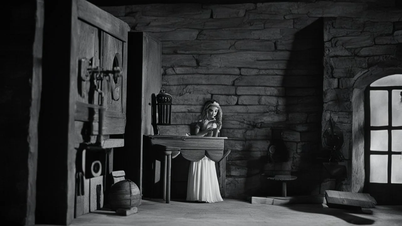 [1960’s stop-motion animation style in small house near Bethlehem] a 70s advertisement video TV featuring In the corner, a figure emerges from the shadows. It's Maria Magdalena in agent provocateur, her eyes gleaming with a mixture of allure and danger. She moves towards you with a grace that captivates your every sense, drawing you in like a moth to a flame as a claymation character toy from a claymation horror movie in burning rainbow land, from hell, creepy Videos, eyeballs and trees everywh