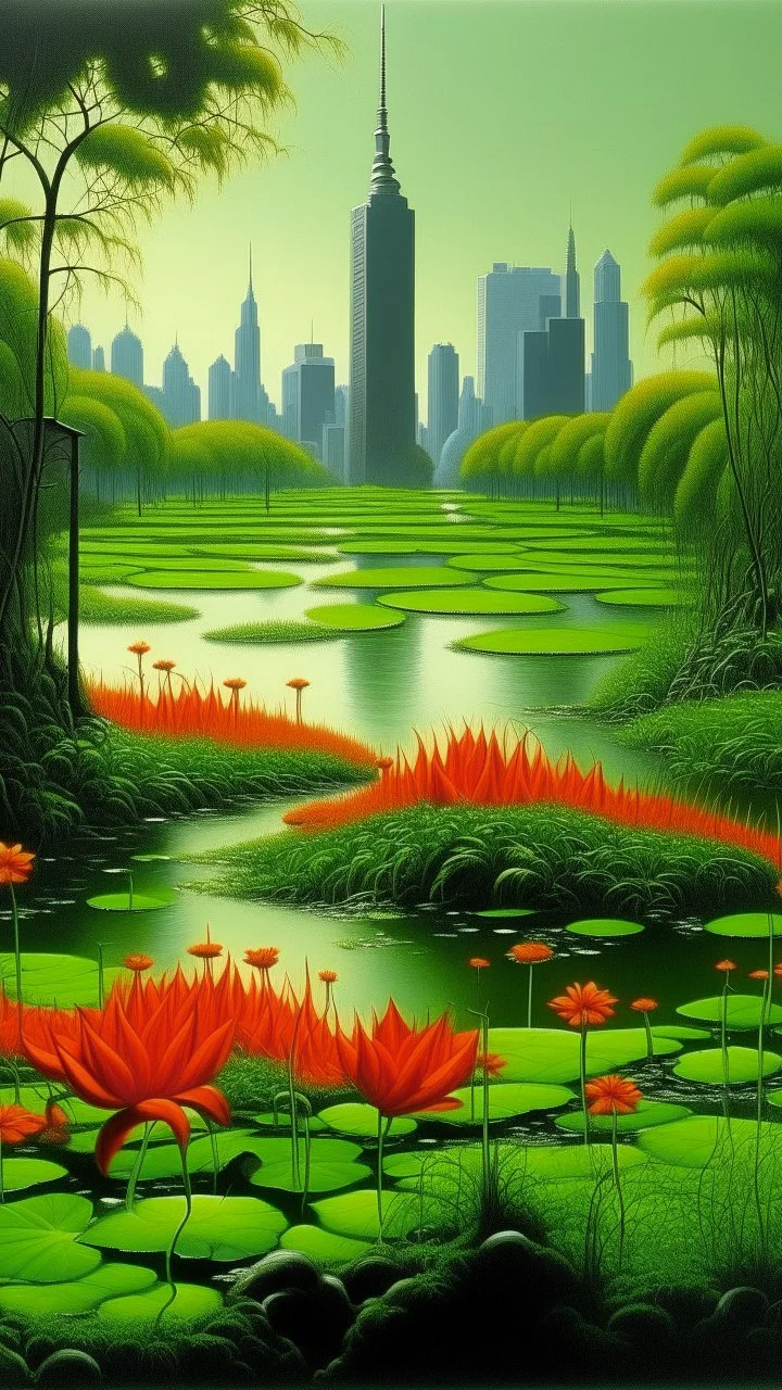 A green swamp with fiery orange lilies near a city painted by Frank Wilson