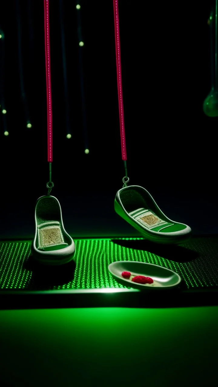 macro of a pair of football socks hanging floating in space, circular constellations shine in the background, forks spoons and knives set with rubies revolve around them, film still, kodak, green and ocher palette