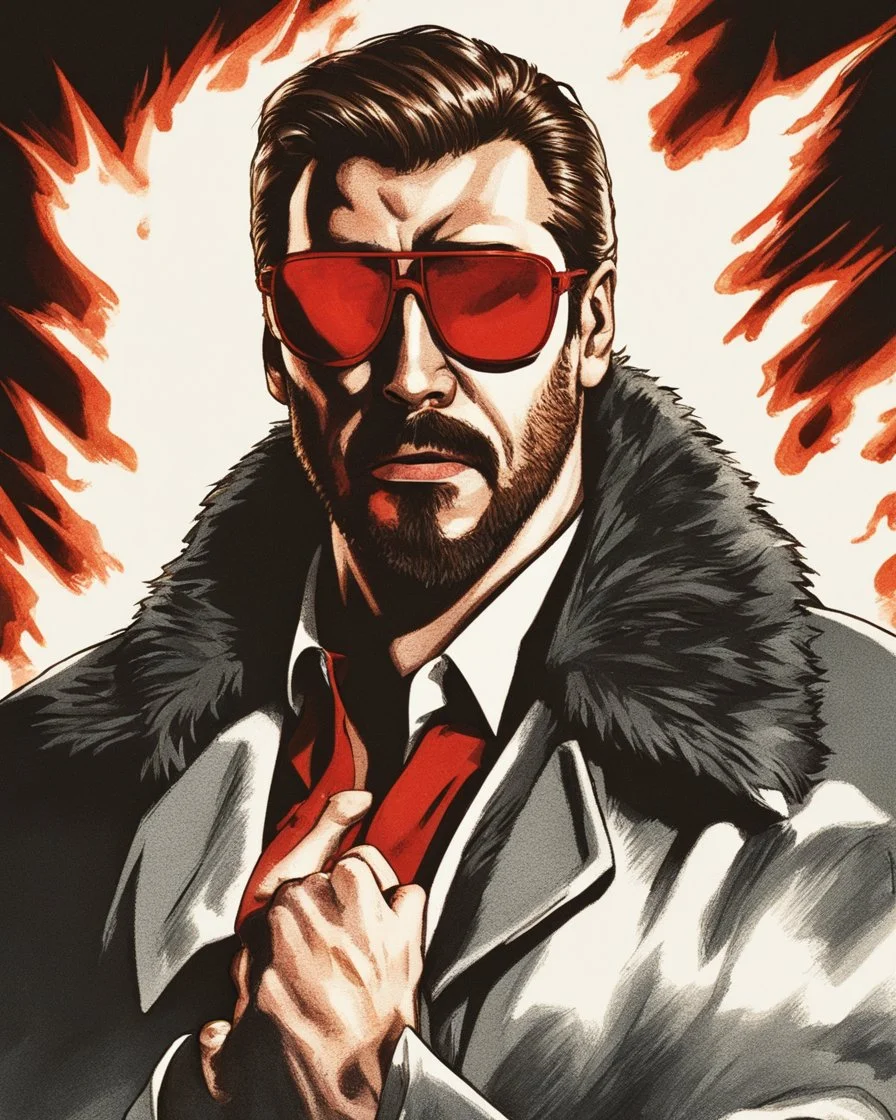 a young man with big muscles who looks like hans gruber wearing a heavy coat and red sunglasses staring with an irritated look on his face standing in front of a large fire