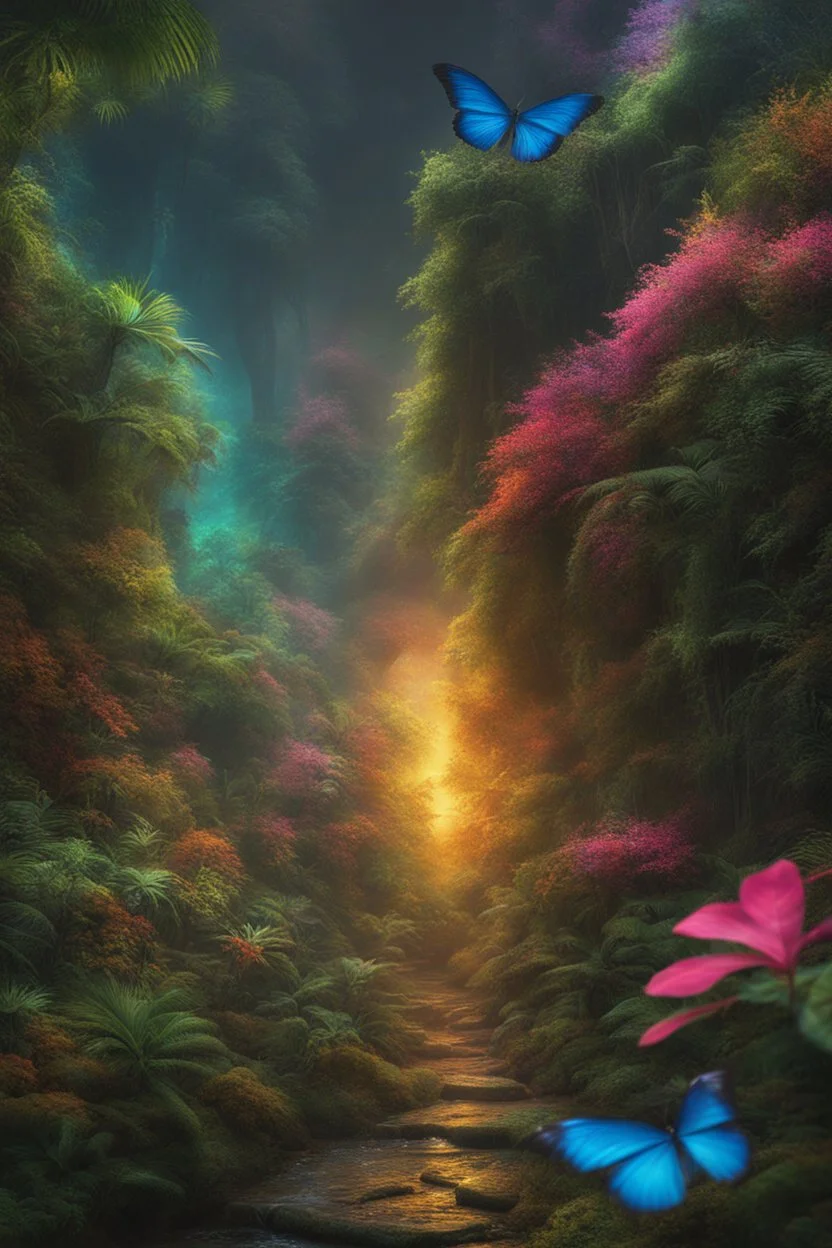 A hyper-realistic photo, A colourful jungle a masterpiece, highres dark fantasy concept art, dynamic lighting, hyperdetailed, intricate, Splash screen art, vibrant colour, volumetric lighting, triadic complementary colours glow particles