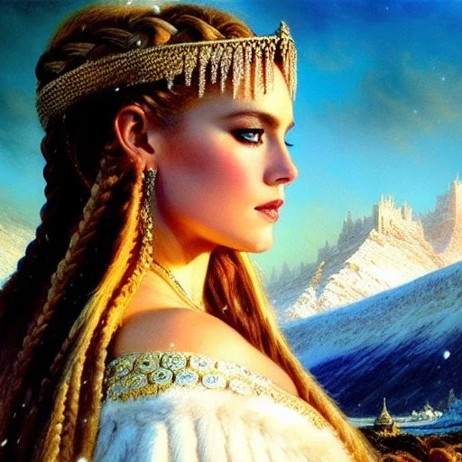 Drawing of beautiful face viking queen,braids,extra busty,snow,castle,mountains,ancient leather armor, balanciaga fashion clothe painting by gaston bussiere, greg rutkowski, yoji shinkawa, yoshitaka amano, tsutomu nihei, donato giancola, tim hildebrandt, oil on canvas, cinematic composition, extreme detail,fit full head inside picture,16k