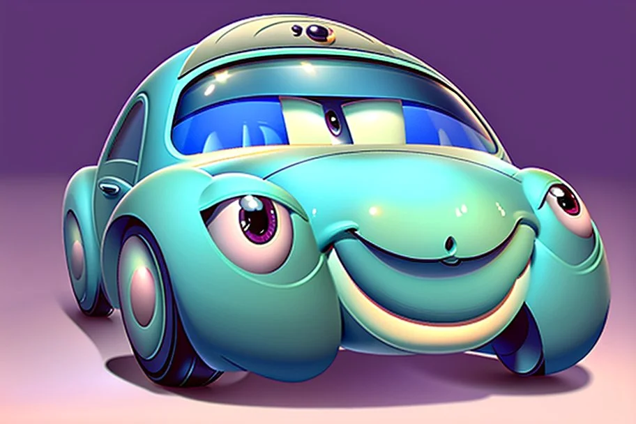 whimsical cartoon car with big eyes and a friendly smile, accompanied by various mechanical parts that form the shape of the car. The cartoon car should have a round body and a pair of big, round headlights that look like eyes. The eyes should be friendly and cute, with thick lashes and a bright sparkle. The car should also have a wide grille that forms a smile, with a row of teeth made of tiny nuts and bolts. The smile should be slightly crooked.