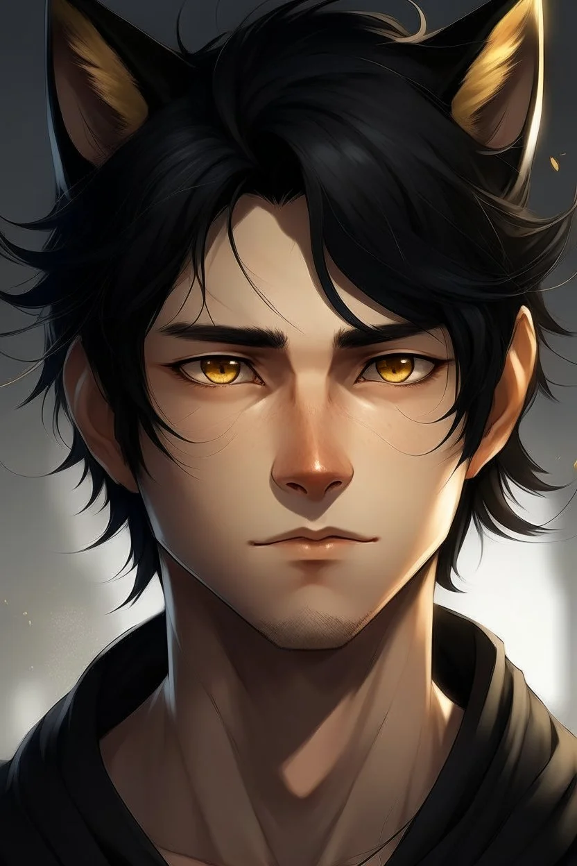 A male with messy black hair, gold eyes, black cat ears, realistic, slight smile