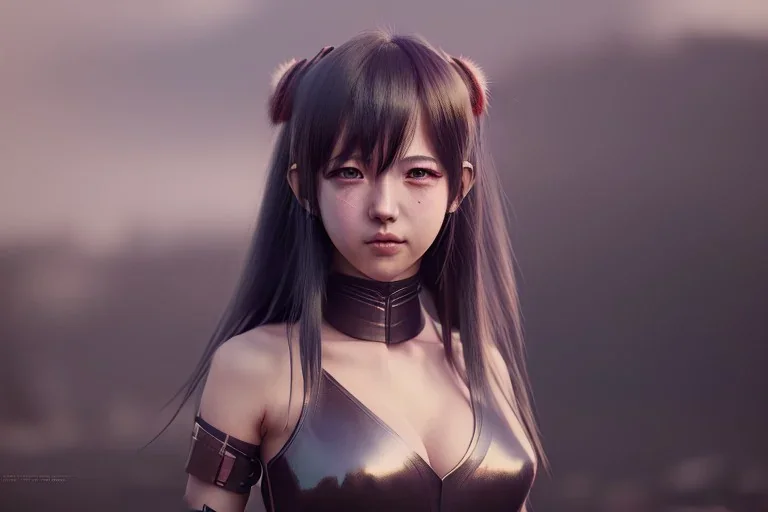 Anime girl cute neck head portrait, warrior costume, village, cyberpunk, 8k quality