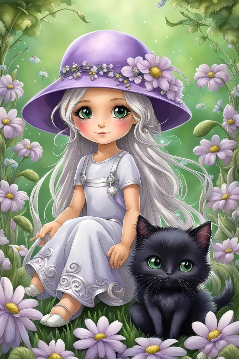 cute happy fairy girl with little wings and rounded (purple eyes), big long silver hair, on girl hat sitting a tiny black kitty with green eyes , chibi, 3d anime character, detailed, fantasy style, nice picture in the big meadow with pale colors flowers