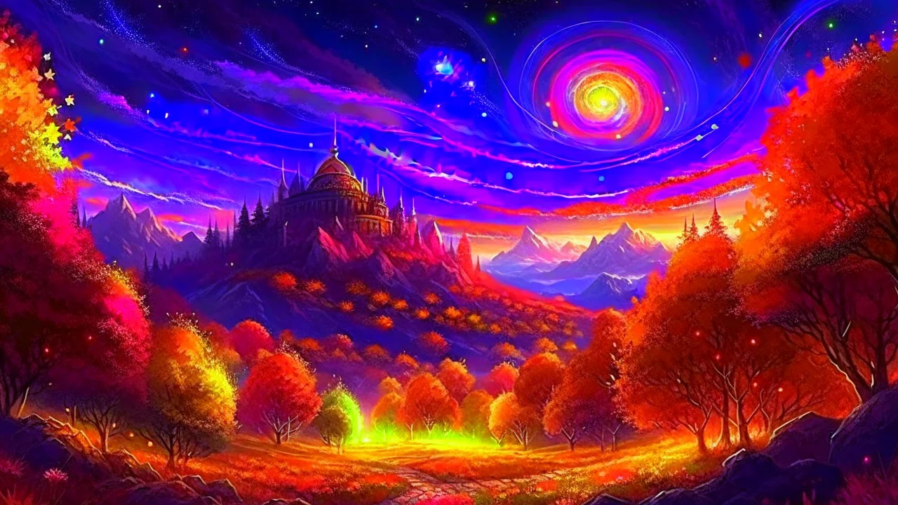 galaxy, space, ethereal space, cosmos, Autumn Foliage, Cemetery, panorama. Haunted Palace , Background: An otherworldly spooky halloween planet, bathed in the cold glow of distant stars. The landscape is desolate and dark, with jagged mountain peaks rising from the Autumn Forest. The sky is filled with swirling alien constellations, adding an air of mystery and intrigue. Dracula Castle with light glowing from the windows, detailed , enhanced, cinematic, 4k,by van gogh