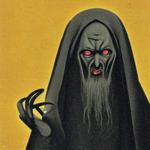 Russian Orthodox nosferatu with five yellow eyes and tentacle beard and long arms and fingers and a head crest