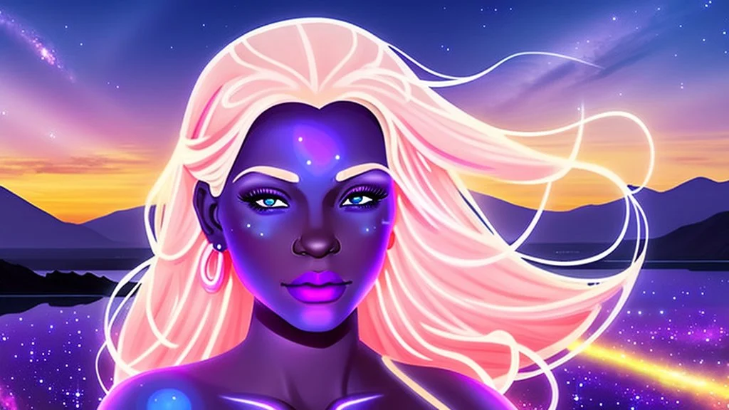 Full body portrait of a peaceful smiling gorgeous blonde Goddess of the galaxies with a blue indigo purple skin, high skul, luminous eyes in a galactic sunset