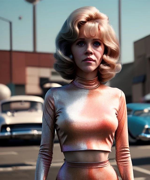 Ultra Realistic retro sci-fi movie Supermarket parking scene, 1960 year, waist up view portrait, 2 clones blonde women, sweet teenager Jane Fonda face, perfect iris, glow eyes, face makeup, tight latex coat, many people, Retro sci-fi style, soft color, highly detailed, unreal engine 5, ray tracing, RTX, lumen lighting, ultra detail, volumetric lighting, 3d, finely drawn, high definition, high resolution.